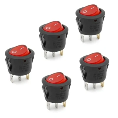Afbeelding van Heschen Ronde schakelaar, aan/uit, SPST, 3 klemmen met rood licht, 6 A 250 VAC, 5 stuks
