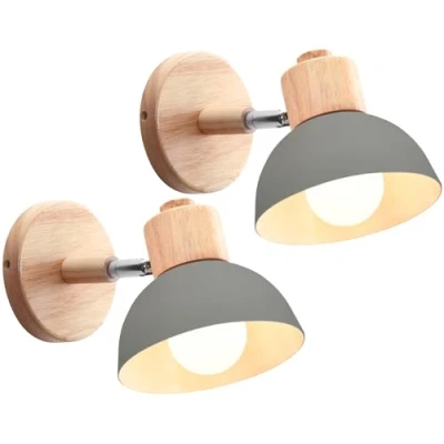Afbeelding van IDEGU Industriële wandlampen, vintage, verstelbaar, van hout, metaal, retro, E27 fitting, wandlamp voor binnen, slaapkamer, woonkamer, hal, restaurant, 15 cm (2 stuks, grijs)