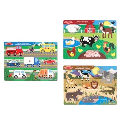 Afbeelding van Melissa &amp; Doug 45000 3 Houten puzzels, boerderijdieren, safari en voertuigen, meerkleurig