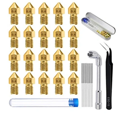 Afbeelding van 20 stuks 0,4 mm 3D printer messing mondstuk, reinigingsgereedschap met sproeiers, 1 dopsleutel, pincet, voor MK8 extruder Nozzle/Creality CR 10 / Ender 3/5