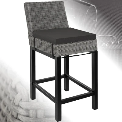 Afbeelding van tectake® Aluminium wicker Barkruk met rugleuning kussen en voetsteun Weerbestendige buitenbarkruk houten poten Bistrokruk voor toonbank, balkon, tuin terras Afmeting (LxBxH) 45 x 62,5 99 cm Grijs