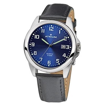 Afbeelding van ATRIUM Horloge Heren Zilverkleurig 10 bar Waterdicht Zwart leren band (16,5 21,5 cm) Donkerblauwe Wijzerplaat Datum Edelstaal Duidelijk Quartz Uurwerk Edelstalen Sluiting A16 15
