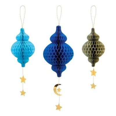 Afbeelding van Eid Mubarak Honeycombs Blauw Goud 3 stuks