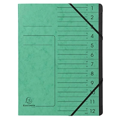 Afbeelding van Exacompta Ref. 541203E 1 Sorteermap met vaste rug en elastosluiting cover bedrukt in glanzend karton zwart gerecycleerd binnenin 12 vakken formaat 24,5x 32 cm A4 kleur groen