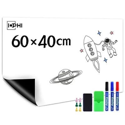 Afbeelding van Uitwisbaar whiteboard, 60 x 40 cm, kan vrij worden gesneden, papier, magnetisch, voor weekplanner, keuken, koelkast en kantoornotities, met marker magnetische gum, enz.