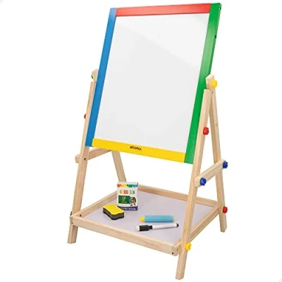 Afbeelding van WOOMAX Schoolbord voor kinderen met ezel, afmetingen 40 x 36,5 68 cm, dubbelzijdig, krijt, gum en zwarte marker, staande borden kinderen, 3 jaar (43688)