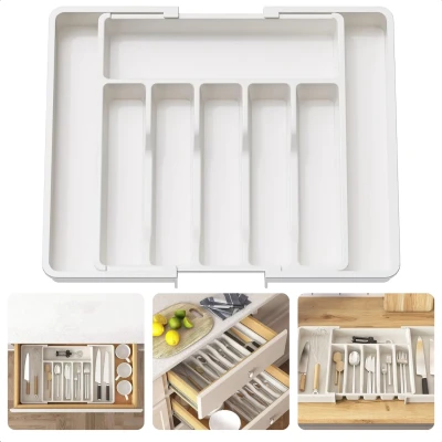 Afbeelding van Cheqo® Verstelbare Bestekbak Uitschuifbaar 33 57 cm Besteklade Organizer 8 Vakken Bestekhouder Kunststof Wit