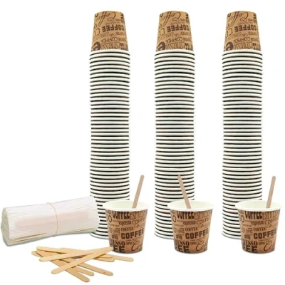 Image de COFFISANO Lot de 150 verres à café 75 ml en papier marron + palettes bois ; gobelets et jetables recyclables pour restaurants, bureau, emporter, bar, expresso