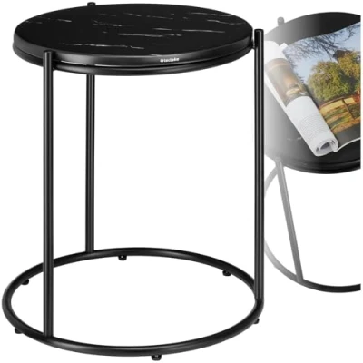 Afbeelding van tectake® Bijzettafel Ellsa Marmeren Blad 43 x 50,5 cm Zwart/Zwart Koffietafel Salontafel Tafeltje voor Woonkamer, Slaapkamer of Kantoor Draagkracht 12kg Banktafel Bedtafel