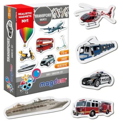 Afbeelding van magdum koelkastmagneet voor kinderen, transport, 25 grote magneten koelkastspeelgoed, speelgoed kinderen van 3 jaar, educatief spel, magnetisch, auto