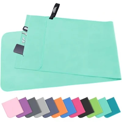 Afbeelding van Pameil Fitnesshanddoek met ritsvak, 120 x 50 cm, sporthanddoek van microvezel, compact, sneldrogend, sporthanddoek, (grasgroen)