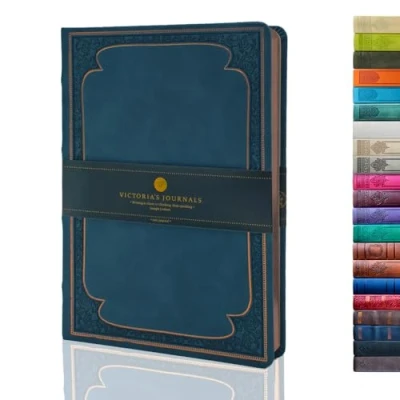 Afbeelding van Victoria&#039;s Journals Kunstlederen notitieboek, in vintage stijl, harde kaft, gelinieerd, reisdagboek, 14 x 20 cm, donkerblauw