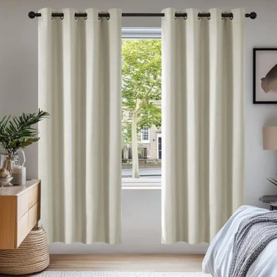 Afbeelding van Deconovo thermo isolerende verduisteringsgordijnen, voor woonkamer en slaapkamer, modern design met oogjes, 140 x 175 cm (breedte hoogte), lichtbeige, 2 stuks