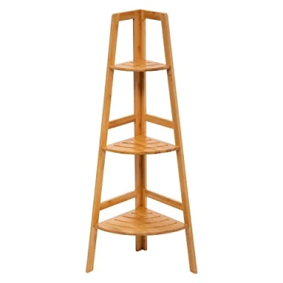 Afbeelding van Staand Houten Badkamerrek Bamboe Hoekkast open opbergrek 103 cm hoog 3 legplanken voor in de hoek