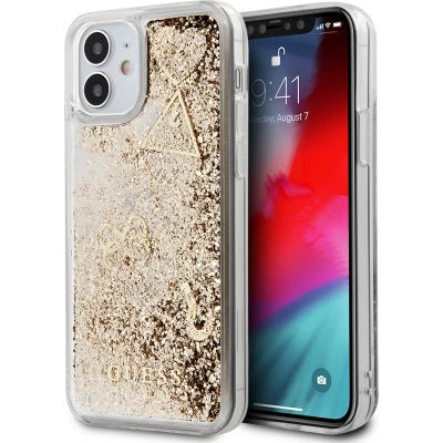 Afbeelding van iPhone 12 Mini Backcase hoesje Guess Glitter Goud Kunststof