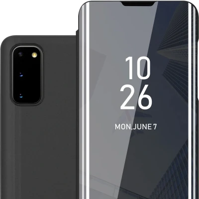 Afbeelding van Cadorabo Hoesje geschikt voor Samsung Galaxy S20 in TOERMALIJN ZWART Clear View Spiegel Beschermende Case met Tribunefunctie 360 Graden Bescherming Book Cover Etui