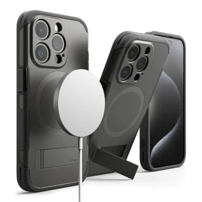 Afbeelding van Ringke Beschermhoes compatibel met iPhone 15 Pro [alles] antislip, schokbestendig, robuust, ultradun, zacht, duurzaam, geïntegreerde standaard voor case, gun metaal