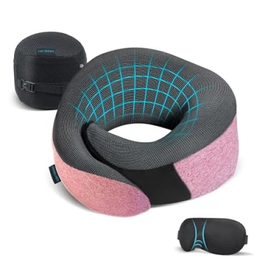 Afbeelding van Proglobe Roze vliegtuigvormige reiskussenset, 100% puur traagschuim nekkussen, verbeterd materiaal, lange afstand reisset met oogmaskers