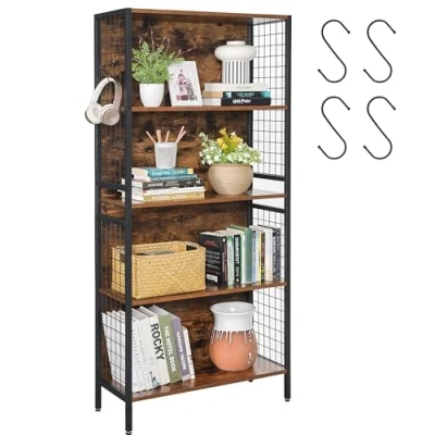 Afbeelding van VASAGLE boekenplank, kantoorplank, keukenplank, vloerplank met 4 planken, S haken, voor kantoor, woonkamer, studeerkamer, stalen frame, industrieel ontwerp, vintage bruin zwart LBC023B01
