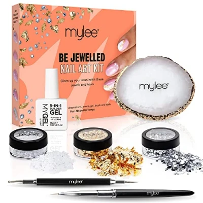 Afbeelding van MYLEE Be Jewelled Nail Art Kit Fijne kwast, stippelgereedschap, palet voor het mengen van gelkleuren, 5 in 1 transparante gel, goudfolie, edelstenen en bijpassende kralen