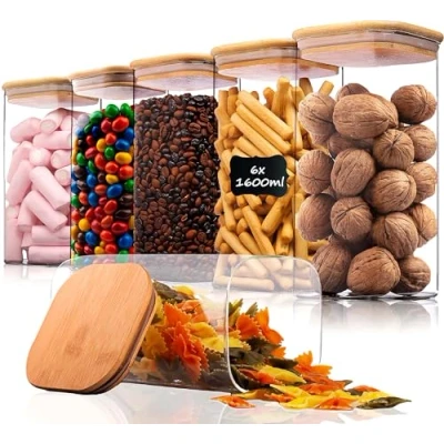 Afbeelding van Deco Haus® 6 stuks voorraadpotten met deksel + etiketten, luchtdicht, voor granen, cornflakes, spaghetti, glazen dozen, opbergdoos keuken, voorraadpotten, x 1600 ml
