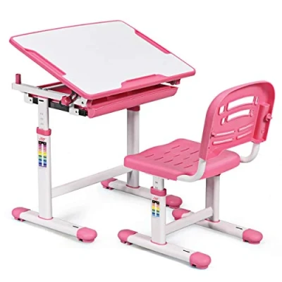 Afbeelding van COSTWAY Kinderbureau set tafel en stoel voor kinderen, ergonomische tekentafel met lade, in hoogte verstelbaar (roze)..
