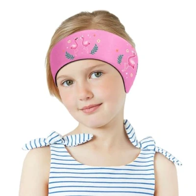 Afbeelding van MoKo Bande de natation élastique Taille M pour les âges 3 9 ans, bandeau réglable nager, imperméable baamibins, protection oreilles, chapeau rose flamant