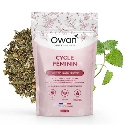 Afbeelding van OWARI Damescyclus kruidenthee tegen pijn voor dames infusie pijnlijke menstruatie en menstruatiecomfort frambozenblad los 100 g 100% natuurlijk geproduceerd in Frankrijk