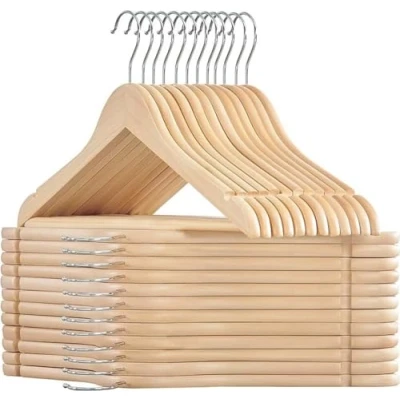 Afbeelding van SONGMICS 24 stuks antislip houten kleerhangers voor broeken, 360 graden draaibare haken, jassen, overhemden, mantels, natuurlijk beige CRW010N24