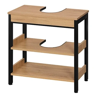Afbeelding van eSituro Onderkast voor wastafel met 3 planken op voet, opbergrek onder wastafel, metalen frame kunsthout, licht eiken zwart, 60 x 30 cm, SBP0071