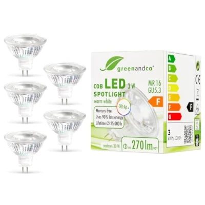 Afbeelding van 5x greenandco® CRI 90+ LED Spot MR16 GU5.3 3W vervangt 30W 270lm 2700K warm wit COB 38 12V AC/DC niet dimbaar
