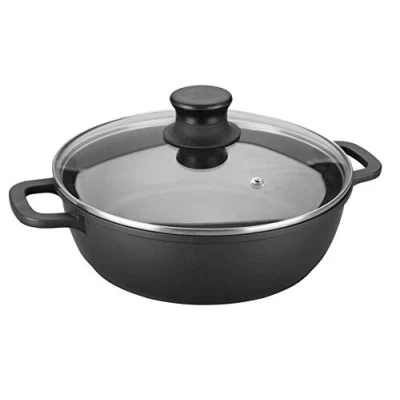 Image de Faitout bas 32 cm en Fonte d&#039;aluminium couvercle verre Lacor Noir Aluminium
