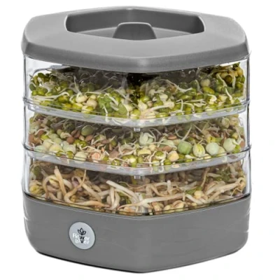 Afbeelding van Flower Lover Kiembak voor kiemzaden en microgreens, kiemschaal met 3 etages, set van kunststof kiembakken, 17 cm (grijs)