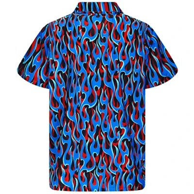Afbeelding van King Kameha Hawaiiaans herenhemd met korte mouwen en knopen ananasbladeren, Allover Flames Blauw