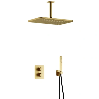 Afbeelding van Hotbath Gal Regendoucheset IBS40A Geborsteld Messing PVD Staaf Handdouche 40cm Hoofddouche Plafondbuis 15cm met wandhouder