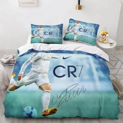 Afbeelding van LSORU Ronaldo Dekbedovertrek, 3D print, beddengoed met ritssluiting, microvezel, voor jongens en meisjes, tweepersoonsbed (200 x 200 cm)
