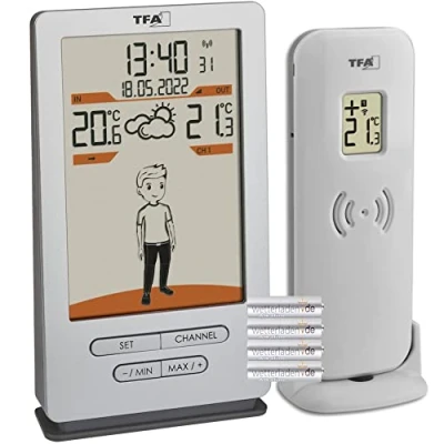 Afbeelding van TFA Dostmann Weather Jack 35.1166.54 Draadloos weerstation, buiten en binnentemperatuur, weersvoorspelling, met kledingsuggesties, radioklok, zilver, 146