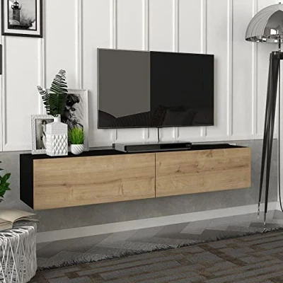 Afbeelding van [en.casa] tv kast, houder, hangend, met gesloten planken, zwevende opbergruimte, voor woonkamer, bank, tv, spaanplaat, 135 x 31 25 cm, zwart en eikeneffect