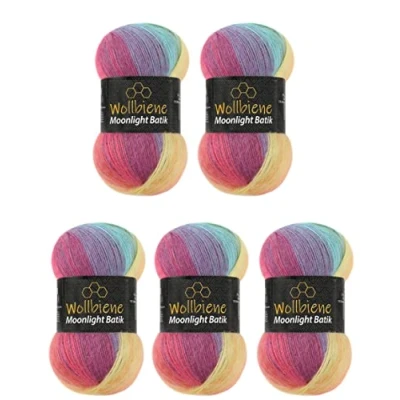 Afbeelding van Wollbiene Moonlight Batik Breiwol, 5 x 100 g, 500 gram wol voor breien en haken, 20% Turkse met kleurverloop, regenboog, 3000 g