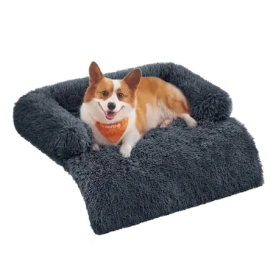 Afbeelding van Feandrea FluffyHug PGW222G02 Hondenbed, pluche stof, tapijt, beschermhoes voor bank, maat L, middelgrote honden, 95 x 85 16 cm, donkergrijs
