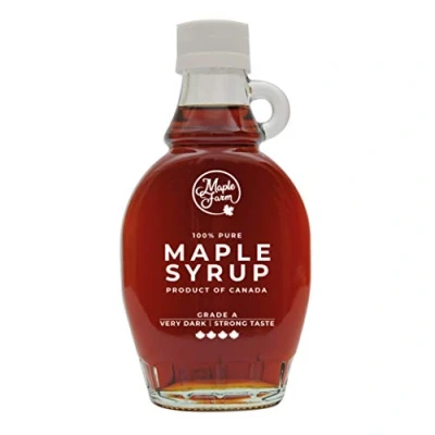Image de MapleFarm Sirop d&#039;érable canadien pur Grade A, Très foncé, goût fort Bouteille de 189 ml (250 g) Pure maple syrup Jus