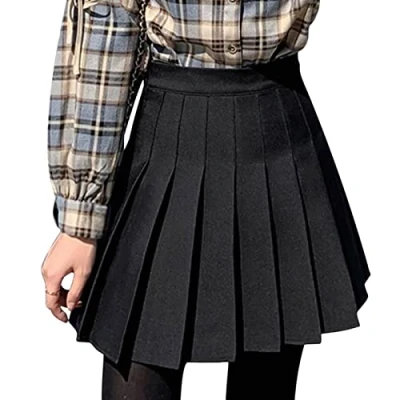 Afbeelding van DRESHOW Retro basic rok, elastisch, uitlopend, minirok, plooirok, casual, voor dames en meisjes, Geplooide mini rok 04 zwart