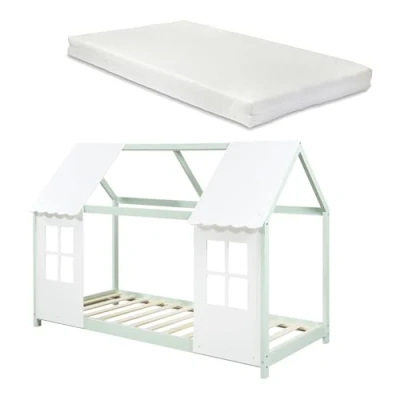 Afbeelding van Kinderbed Tostedt huisbed met matras 90x200 cm mint en wit [en.casa]