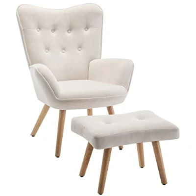 Afbeelding van Fauteuil met voetsteun, relaxstoel, woonkamerstoel, fluweel, bijzetstoel, HollyHOME leesstoel, slaapkamerstoel, beige