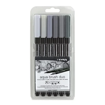 Afbeelding van Lyra Aqua Brush Duo, 6 kleuren, Verschillende Ronde punt &amp; penseelpunt, Zwart, Rond, Inkt op waterbasis