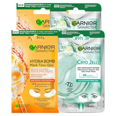 Afbeelding van Garnier SkinActive Hydra Bomb Oogmasker tegen donkere kringen met sinaasappelsap en hyaluronzuur, 4 patches + Cryo Jelly Anti Fatic oogmasker, ijseffect glycerine menthol,