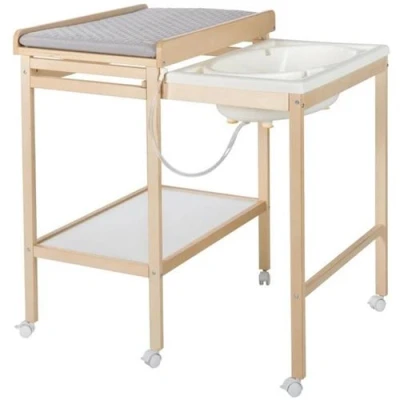 Image de Table a langer avec baignoire coulissante Inclus matelas depérlant style Gris Tablette de rangement Bois Naturel