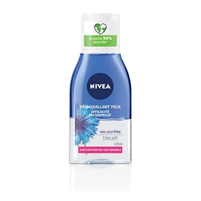 Image de NIVEA Démaquillant Yeux Double Action au Bleuet (1 x 125 ml), nettoyant visage enrichi en eau purifiée, soin femme pour tous types de peaux, format voyage