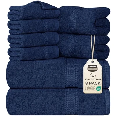 Afbeelding van Utopia handdoeken 8 delige badhanddoekenset; 2 badhanddoeken, en 4 washandjes katoen hotelkwaliteit, super zacht zeer absorberend (marineblauw)