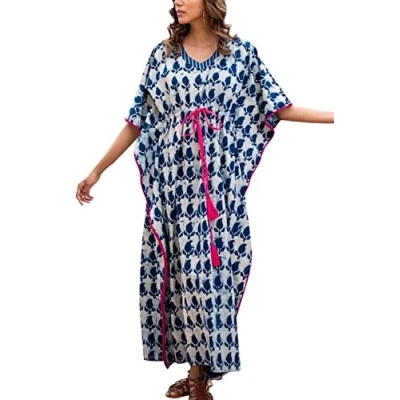 Afbeelding van YouKD Zomer Katoen Geborduurde Bloemen Losse Kaftan Boho Strand Bikini Cover Jurk Plus Size voor Vrouwen, Blauw